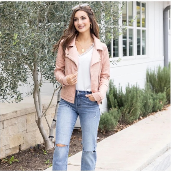 Grace & Lace Move Free Leather Like Moto Jacket in Blush, Like New - Picture 3 of 15